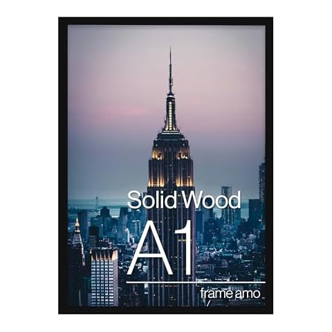 Frame Amo 23.4x33.1 A1 Black Solid Wood Poster Frame, 1 inch Wide Border, Acrylic Face Cover