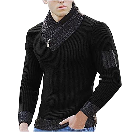 tuduoms Scarf Collar Knitted Sweater for Men Long Sleeve Rib-knit Pullover Slim Fit Comfort Jumper Tops Turtleneck Sweaters