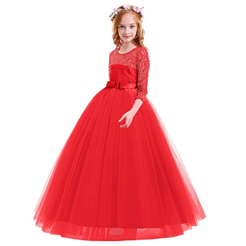 Image of Girls Flower Vintage Floral Lace 3 /4 Sleeves Floor Length Dress Wedding Party Evening Formal Pegeant Dance Gown