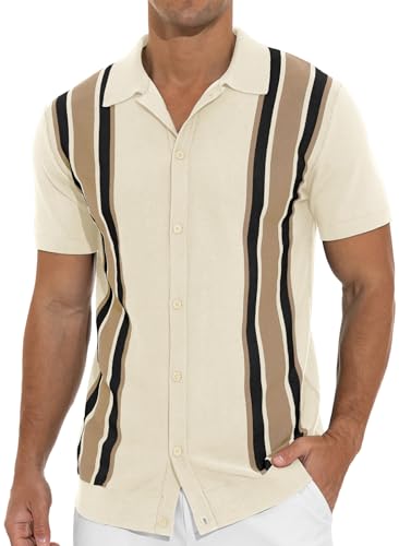 NITAGUT Mens Polo Shirts Vintage Striped Knitting Short Sleeves Button Down Golf Shirts3