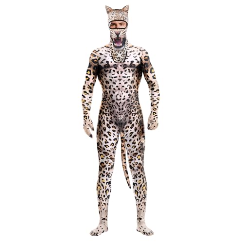 Image of Men's Animal Bodysuit Costume with Big Tail Print Petsuit Spandex Furry Jumpsuit Cosplay Halloween Party