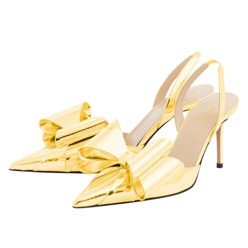 FOWT Women Bow Pointed Toe Pumps Kitten Mid Heel Slingbacks Slip on Elegant Evening Prom Shoes Size 4-16 US4