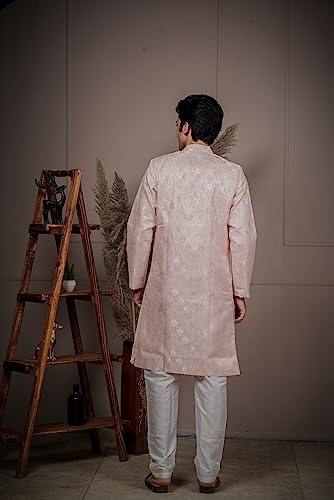 Image of Amzira Men's Soft Cotton Indo Western Kurta Pyjama Set with Mandarin Collared Neck Long Sleeves Button Closure and Solid Pant