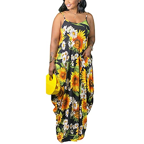 Image of BFFBABY Womens Summer Suspender Maxi Dress Plus Size Striped Printed Sleeveless with Pockets and Belt