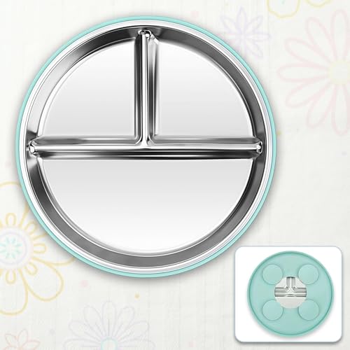 Image of NYALA Stainless Steel Baby Toddler Plates Silicone Suction, Non-Slip Baby Plates BPA Free,Unbreakable Dishwasher Safe (Pista Green)