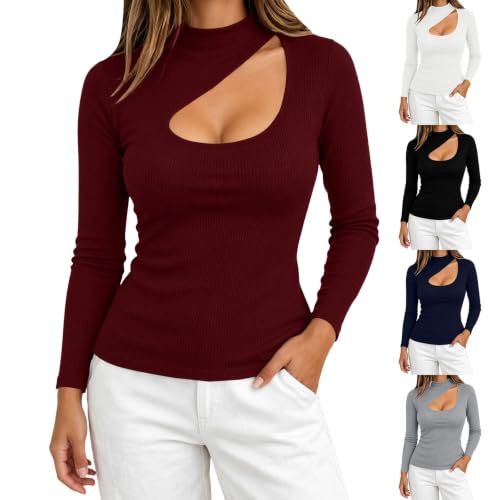 MESSIYO Sexy Top for Women Long Sleeve Cutout Shirts Wine - image 1