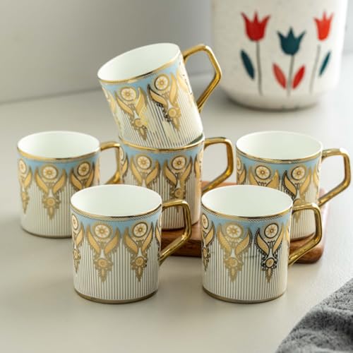 Image of Clay Craft Premium Ceramic Tea & Coffee Mugs Set of 6 - Blue & Gold Printed Designer Cups with Golden Handle | Elegant Striped Pattern | Ideal for Home, Office & Gifting