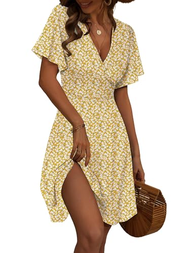 FENSACE Garden Party Dresses for Women Empire Waist Flattering Short Sleeve Yellow Dress(Yellow Floral-87,Medium)