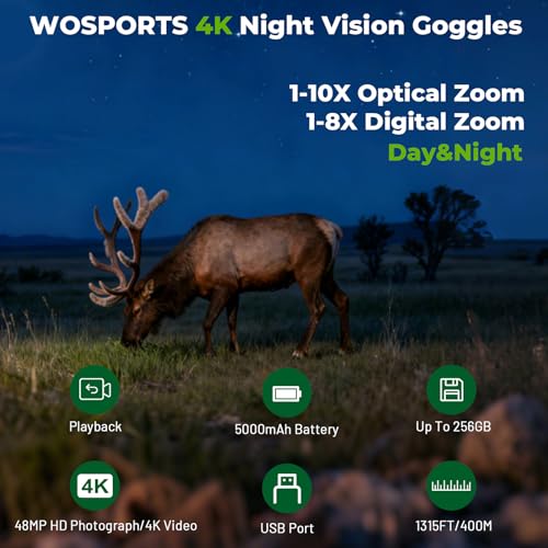 Image of WOSPORTS 4K Night Vision Goggles - up to 80X Total Magnification, 10X Optical + 8X Digital Zoom, 1315FT Vision Range, 64GB TF Card, 5000mAh Rechargeable Battery, IPX Waterproof NVG, Gifts for Men