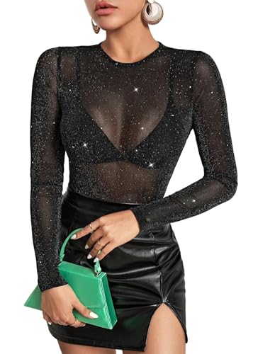 Remidoo Womens Sexy Glitter Sheer Mesh Long Sleeve Tops