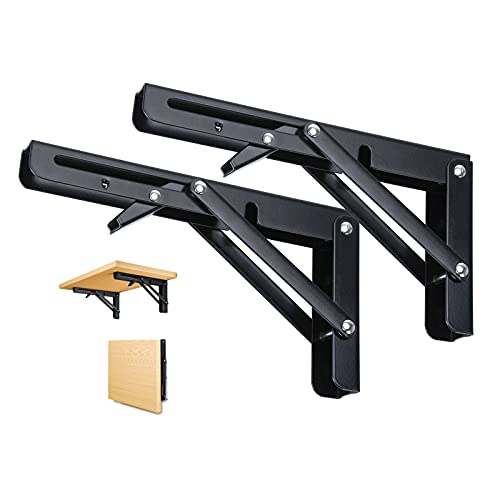 2 Pièces Support d' Étagères Pliable, 350mm Équerre Pliante Noir Support Console Pliants, Murale Supports Pliante, Pour Table Etagere Murale Garage Cuisine...