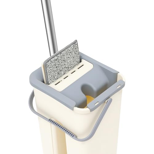 awolsrgiop Wischmopp Set mit Eimer, Bodenwischer Set, 8l Divider Bucket Mopp Set Mit 10 Blatt Austauschbarem Mikrofasertuch, Geeignet für Holzbretter, Fliesen, Marmor Langmopps