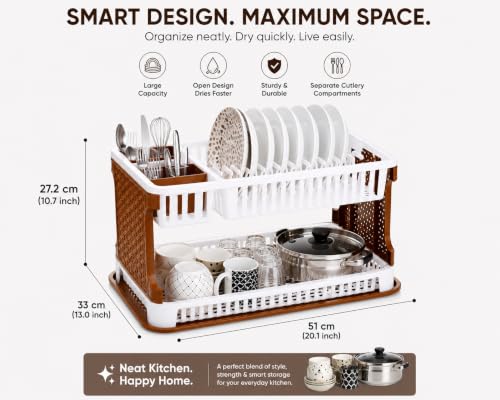 Image of JD FRESH 2 Tier Dish Drying Rack for Kitchen /Plastic Foldable Cutlery Holder for Countertop Rack /Compact Size Utensil Drainer Organizer with Water Tray /Space Saving Plate Stand (Brown)