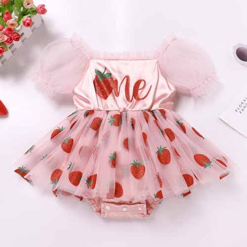 IDOPIP Strawberry 1st Birthday Outfit Girl Baby Berry One Birthday Romper Tutu Dress with Headband for Cake Smash Photo Shoot4