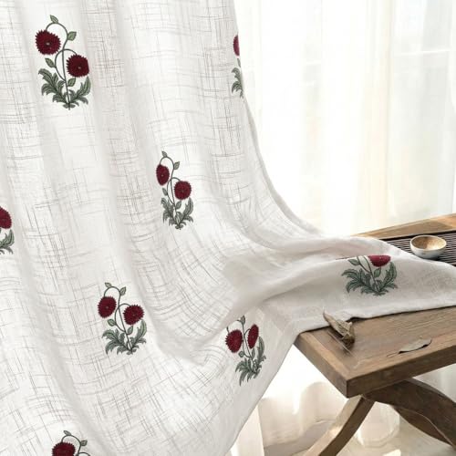 Image of LINENWALAS Decorative Cotton Linen Sheer Curtains 7.5 Feet Long for Door Block Printed Floral Door Curtain |Grommet Hanging Style Pack of 2 Panels |Light Filtering Sheer Drapes (Rubby Flora, 7.5 Feet)