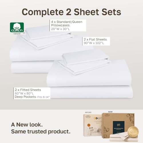Image of 2-Pack Soft Natural 100% Cotton Sateen Queen Sheet Set, Bright White
