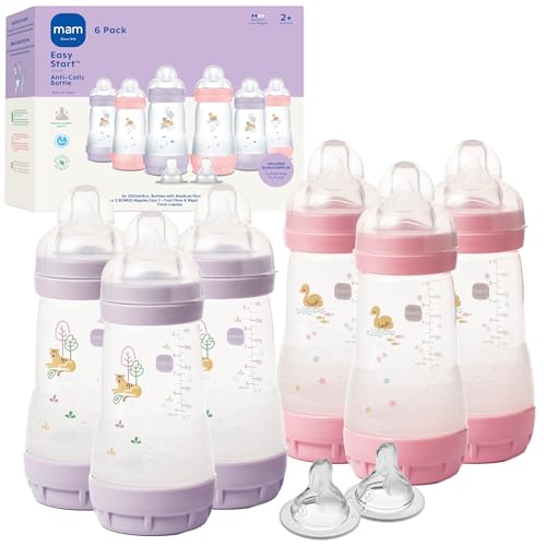 Image of MAM 9oz Easy Start Anti-Colic Baby Bottles, Medium Flow with 2X Bonus Nipples (Fast and Extra Fast Flow), Reduces Colic, Gas, & Reflux, Easy-to-Clean, BPA-Free, 2 Plus Months