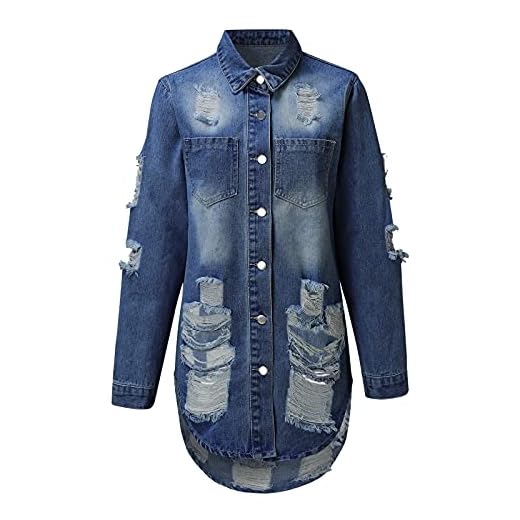 Briskorry Damfjäril tryck jeansjacka lång vindjacka ledig tvätthål klassisk övergångsjacka blusklänning stretch plus storlek lätt utomhusjacka, Mörkblå-1, XXL
