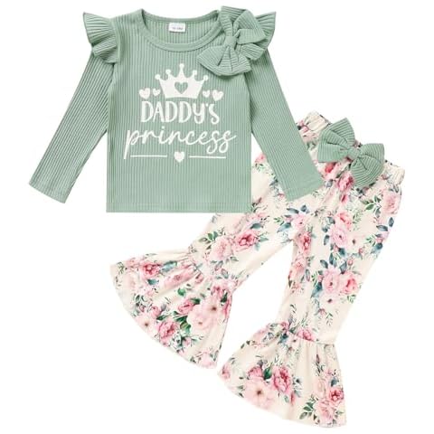 Viworld Toddler Girl Long Sleeve Ruffle Shirt Floral Bell Bottoms Fall Winter Pants Clothes Outfits (Sage Green, 2-3T) Cover