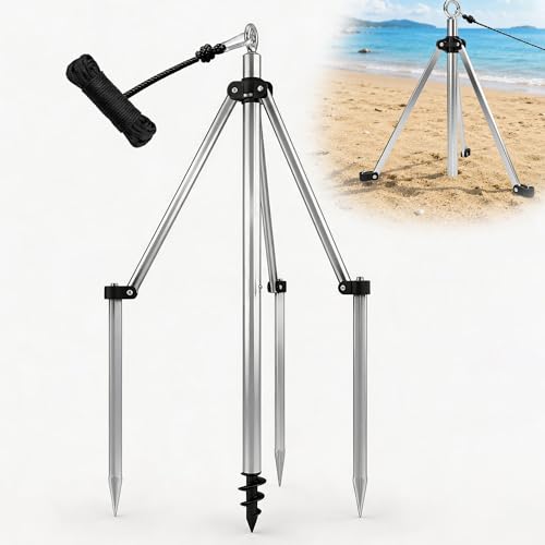 FitiRoker Kayak Sand Anchor System Heavy Duty Beach Anchor with Auger Screw Pole and Three Stabilizing Ground Stakes Includes 32FT Nylon Rope