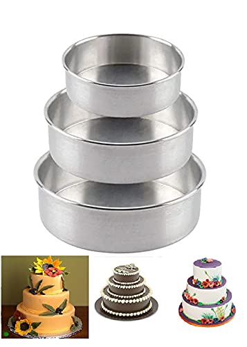 MOTI Aluminum Round Cake Pans Set (6″, 7″ & 8″ by 2.5″ Deep) Tier Baking Pans, Perfect for Wedding Birthday Layer Cake, with Use to ICE Box, Healthy & Durable, Microwave Safe- Dishwasher Safe