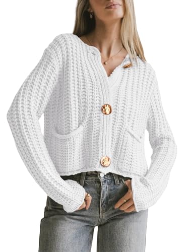 BeautyNee Women's Cardigan Sweaters Button Down Cropped Chunky Knit Cardigan Jacket Long Sleeve Trendy Tops with Pockets