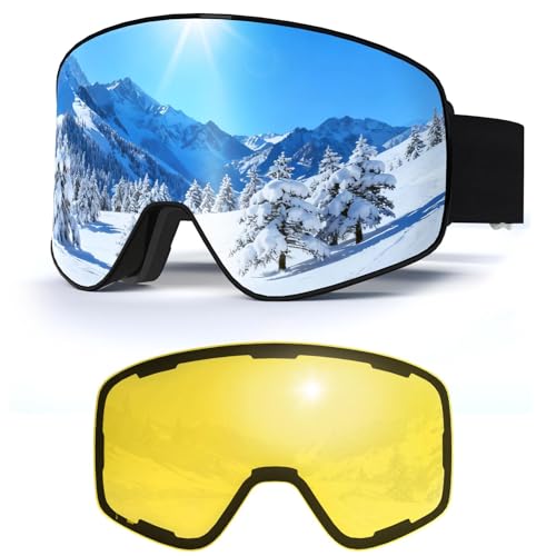 VCOROS Óculos de esqui com lentes intercambiáveis, YH212 óculos de esqui OTG para unissexo ajustável tamanho anti-nevoeiro proteção UV snowboard neve espelho para esqui ciclismo (01-Silver/Black)