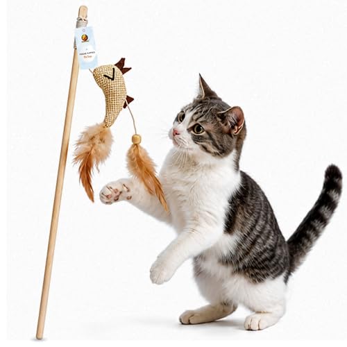 Image of Foodie Puppies Interactive Cat Teasing Wand - (Double Dangler Bird) for Cats and Kittens | Wooden Teaser with Stringed Feathers and Bell | Cat Toy for Teasing & Exerciser