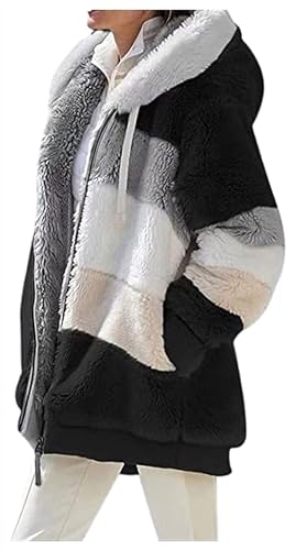 2024 New Contrasting Lamb Wool Padded Coat, Warm Plush Patchwork Zipper Pocket Hooded Loose Coat for Women - Main Image