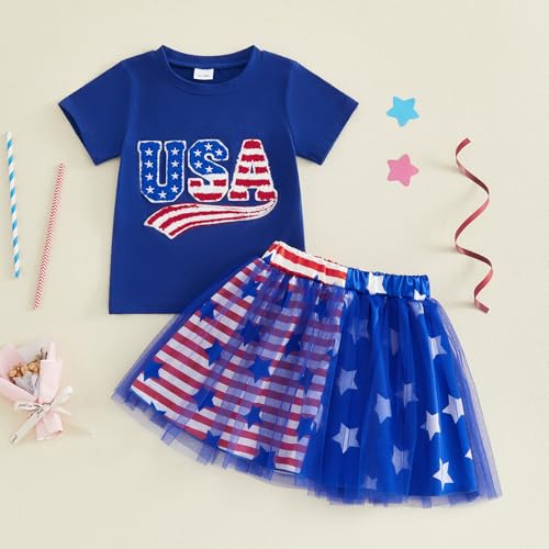 Image of Kayotuas Toddler Baby Girl 4th of July Outfit American Flag Shirt Red Blue Stars Tulle Tutu Skirts Kids Fourth of July Dress