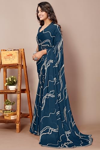 Image of MIRCHI FASHION Saree for Woman Chiffon Georgette Geometric Printed | Lightweight Farewell and Women's Office Sari with Blouse Piece