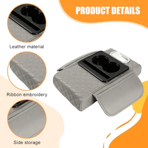 Image of Car Armrest Cushion, 5-in-1 Nappa Leather Vehicle Centre Console Cover with 2 Storage Pockets, Cup Phone & Phone Holder, Multifunctional Auto Organiser Accessories, Universal Fit (Gray)