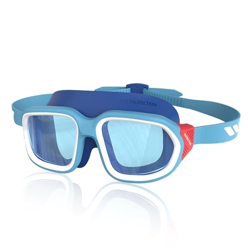 WATER TIME Swim Goggles, Anti-Fog Anti-UV Wide View and No Leak Swimming Goggles Comfort for Age 6-14 (Blue)