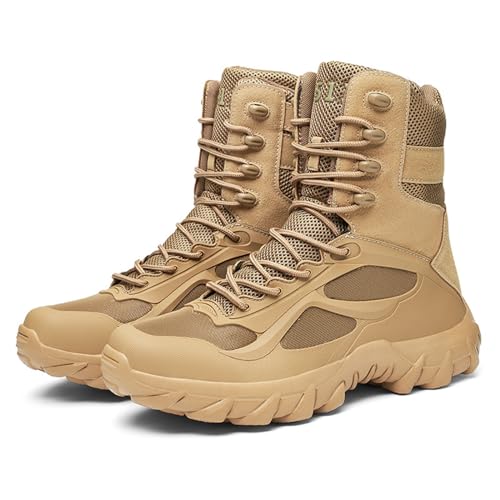HUQHUMSK Men's Military Tactical Work Boots, Combat Hiking Boots All Terrain Shoes,High Top Side Zipper Desert Boots,Hiking Motorcycle Combat Boots,sand,44