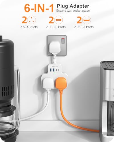 Multi Plug Extension Socket with 4 USB Ports, ANVODE 2 Way Plug Adaptor with Flexible Cable, Short Extension Lead Double Adapter Plug UK for Bedroom, Office, Kitchen. White