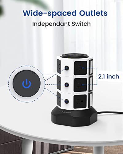 Power Strip Tower With Wireless Charger - Surge Protector With Usb, Jackyled Electric Outlet 13A 12 Ac Outlets 6 Usb Ports 6.5Ft Extension Cord For School Dorm Office Home Desktop Computer White Black #TOP5