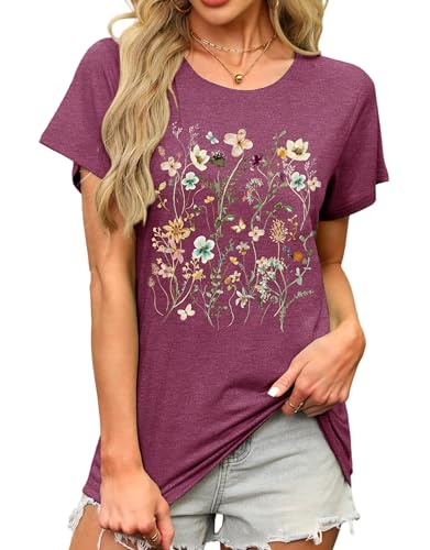 MAPICK Women Graphic Tee Shirt Casual Boho Wildflower T-Shirts Vintage Short Sleeve Floral Tops(Purple,Medium)