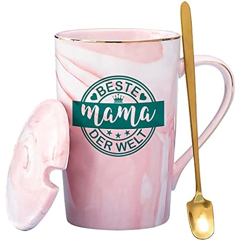 Geburtstagsgeschenke für Mama, Lustige Kaffeetassen für Mutter, Beste Mama der Welt Muttertagsgeschenke, 400ml Keramik Marmorbecher Teetasse mit Deckel Cover