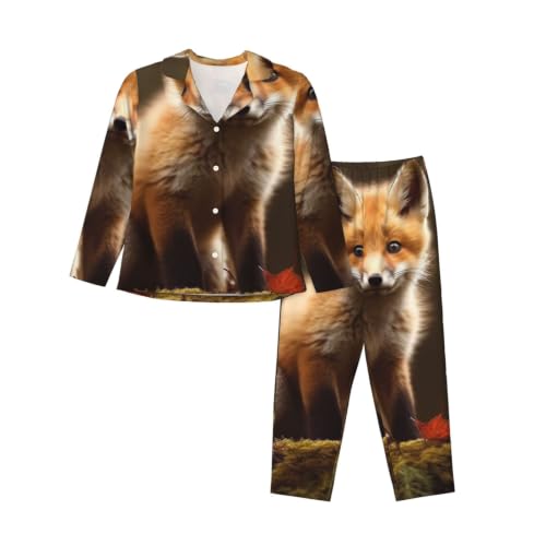 Pyjama femme doux noir avec motif renard et vêtement de nuit classique