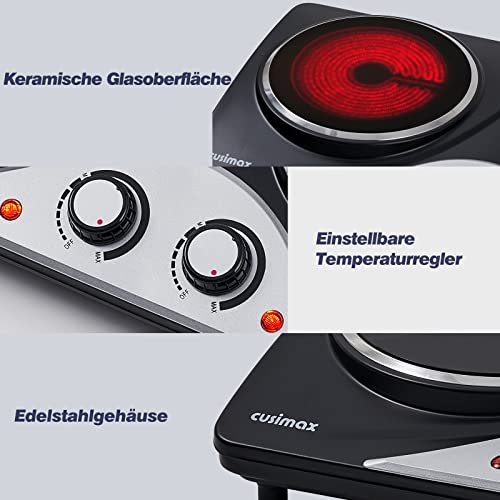 Doppelkochplatte, CUSIMAX 2100W kochfeld 2 platten mit Infrarot-Wärme, mobile herdplatte 2 kochfelder für camping, Edelstahl kochplatten 2er elektrisch mit einstellbarer Temperatur, Schwarz – Bild 5