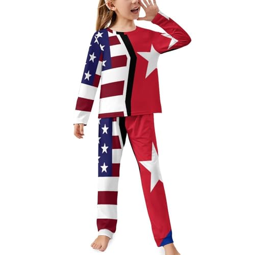 American And Cuban FlagChildren's Pajama Set Round Neck Long Sleeve Top + Pants Two-piece Set140CM