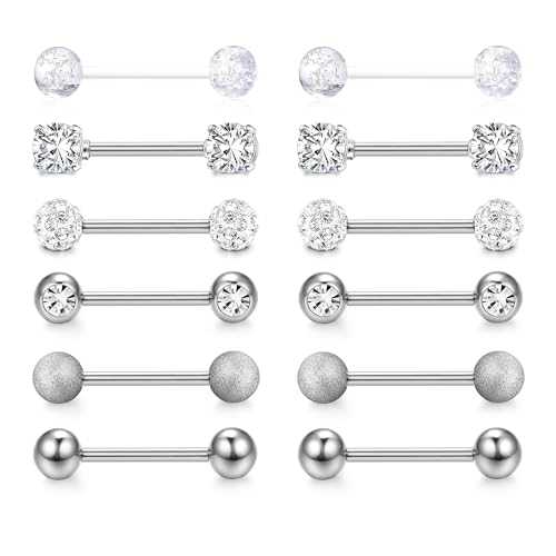 CASSIECA 12 Pièces 14G Piercing Langue et Téton Acier Chirurgical Barbells Argent 16MM