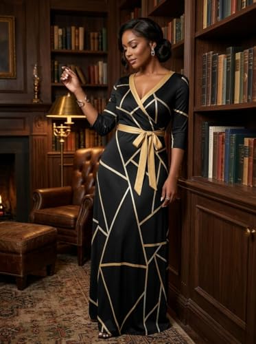 Image of PinkPatty Plus Size Maxi Dresses for Women Casual Flowy Long Dress 3 /4 Sleeve V Neck Wrap Dress with Belt