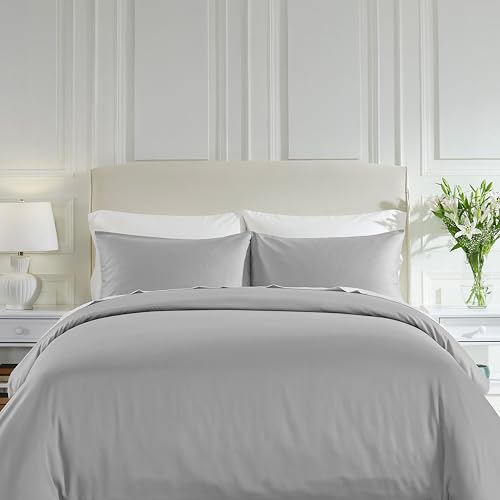 California Design Den 3 Pc Duvet Cover Set Queen Size/Full Size - Winner Good Housekeeping Best Bedding Awards 2025, 400 Thread Count Sateen, 100% Cotton, Button Closure, Corner Ties - Light Grey