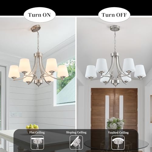 Image of 6-Light Brushed Nickel Chandeliers for Dining Room with Frosted Glass Farmhouse Silver Ceiling Hanging Lighting Fixtures Classic Pendant Lamp for Living Room,Dining Table,47.2 Height Adjustable