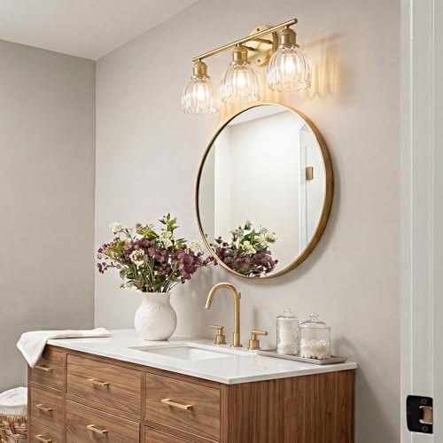 Image of Bathroom Light Fixtures, 3-Light Brushed Gold Vanity Lights for Bathroom with Clear Tulip Glass Shade, 20 inch Vintage Bathroom Vanity Lighting Fixtures Over Mirror for Bedroom Living Room Hallway