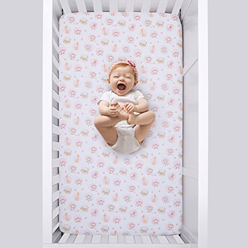 Image of NoJo Sweet Jungle Friends Pink, White & Tan, Monkey, Cheetah & Giraffe Super Soft Fitted Crib Sheet, Pink, White, Tan