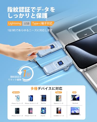 undefined Zibassi【MFI認証取得 指紋認証】iPhone用USBメモリ指紋認証USBメモリ高速認識スマホ usbメモリUSB 3.0 フラッシュメモリー IOS/Android/PC/MAC兼用 iphone写真保存usb バックアップセキュリティ保護 360°認識 保護キャップ付 紛失防止iPhone 15/14/13/11/Pro/SE/iPad Air/Pro各種対応(グレー) の商品画像 3
