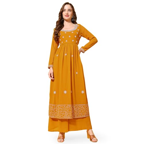 Image of PH POSHAKHUB Women A-Line Nyra Cut Kurta with Sharara in Georgette with Aari Work