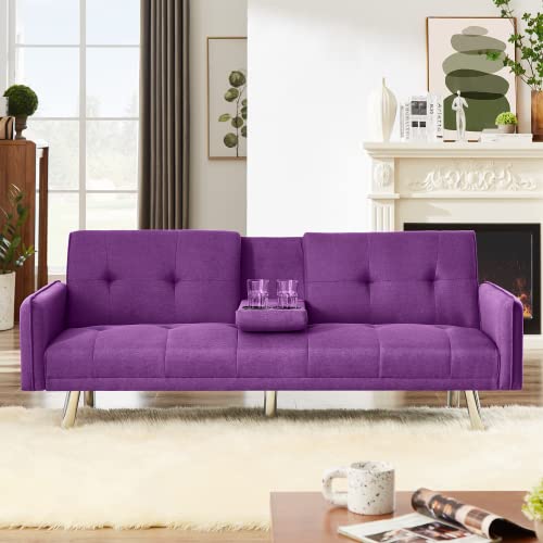 Lamerge Futon Sofa Bed,Convertible Upholstered Folding Sofa,Multi-Functional Sofa Couch For Compact Small Space,Apartment,Dorm,2 Cup Holders,72.4",Purple #TOP5